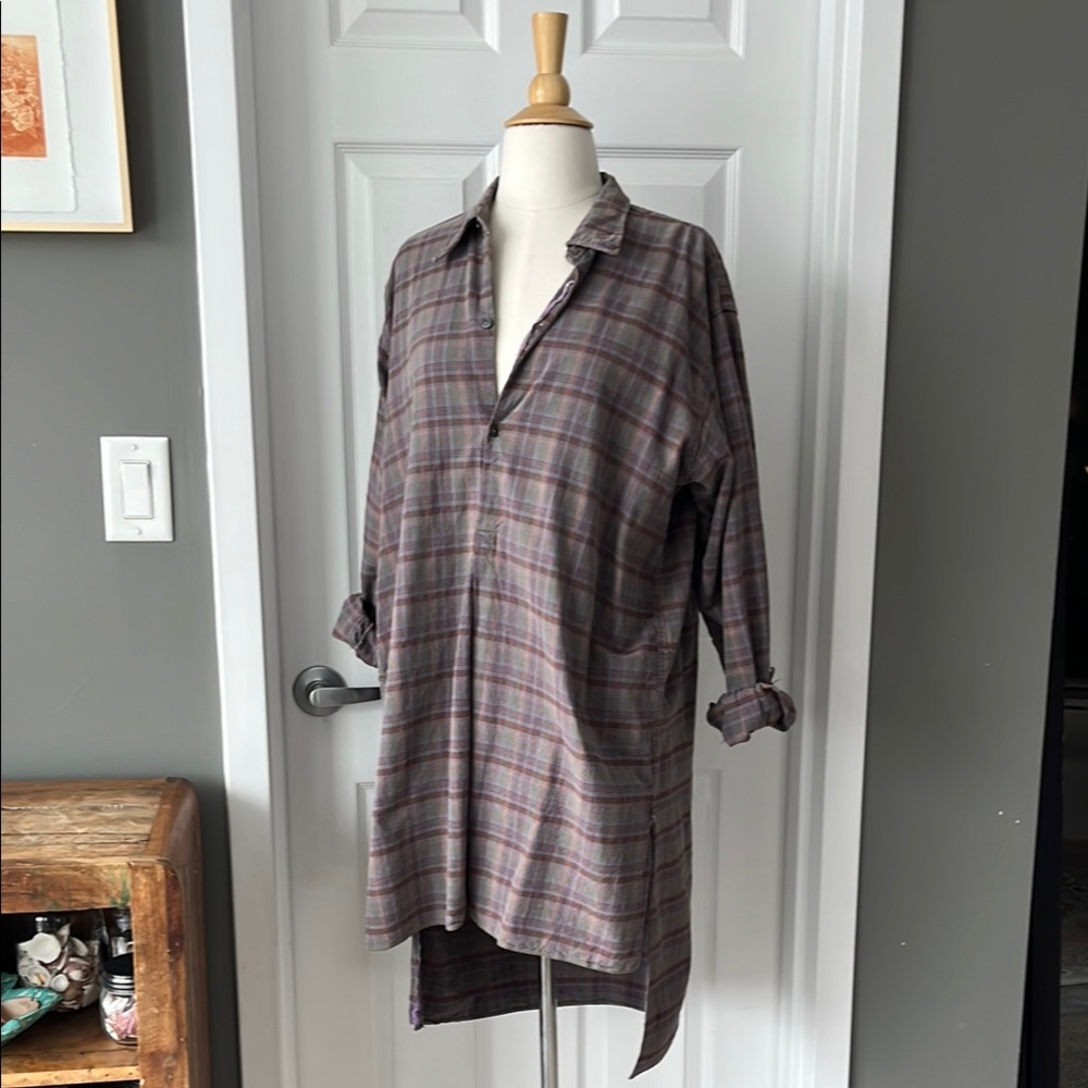 Antique French cotton purple plaid oversized work shirt/ chore dress